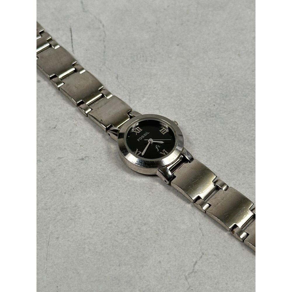 Fossil Watch Womens 24mm Black Dial Round F2 Silver Tone 6.5" Quartz New Battery